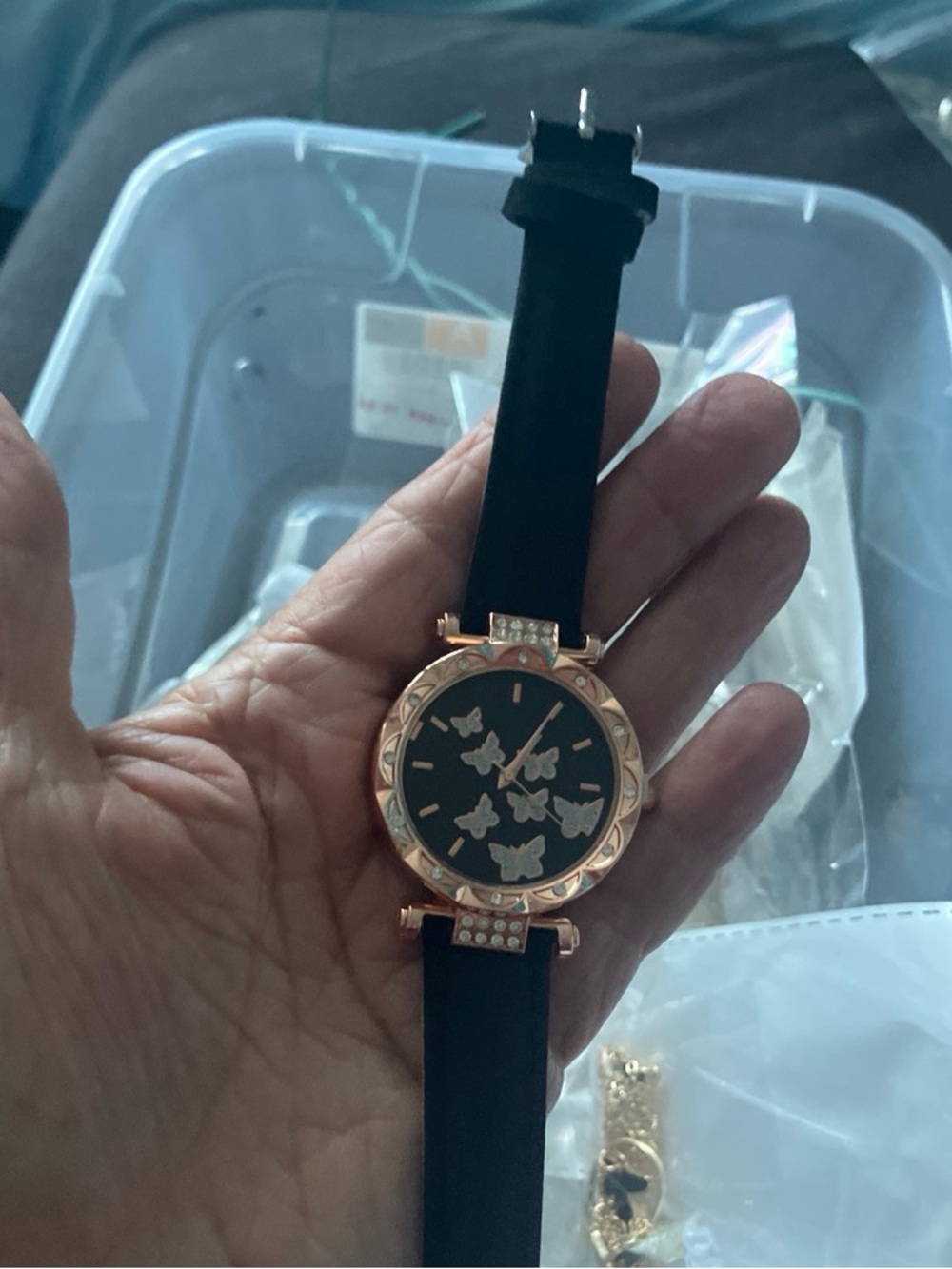 Black and Rose Gold Butterfly Accent Ladies Wristwatch
